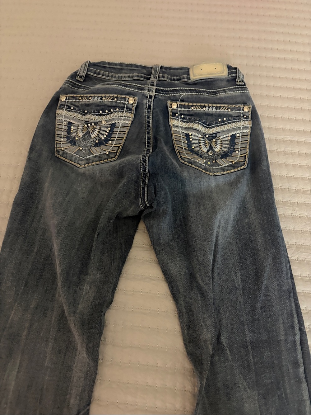 Embellished Back-Pocket Wide Leg Jeans - Dark Blue